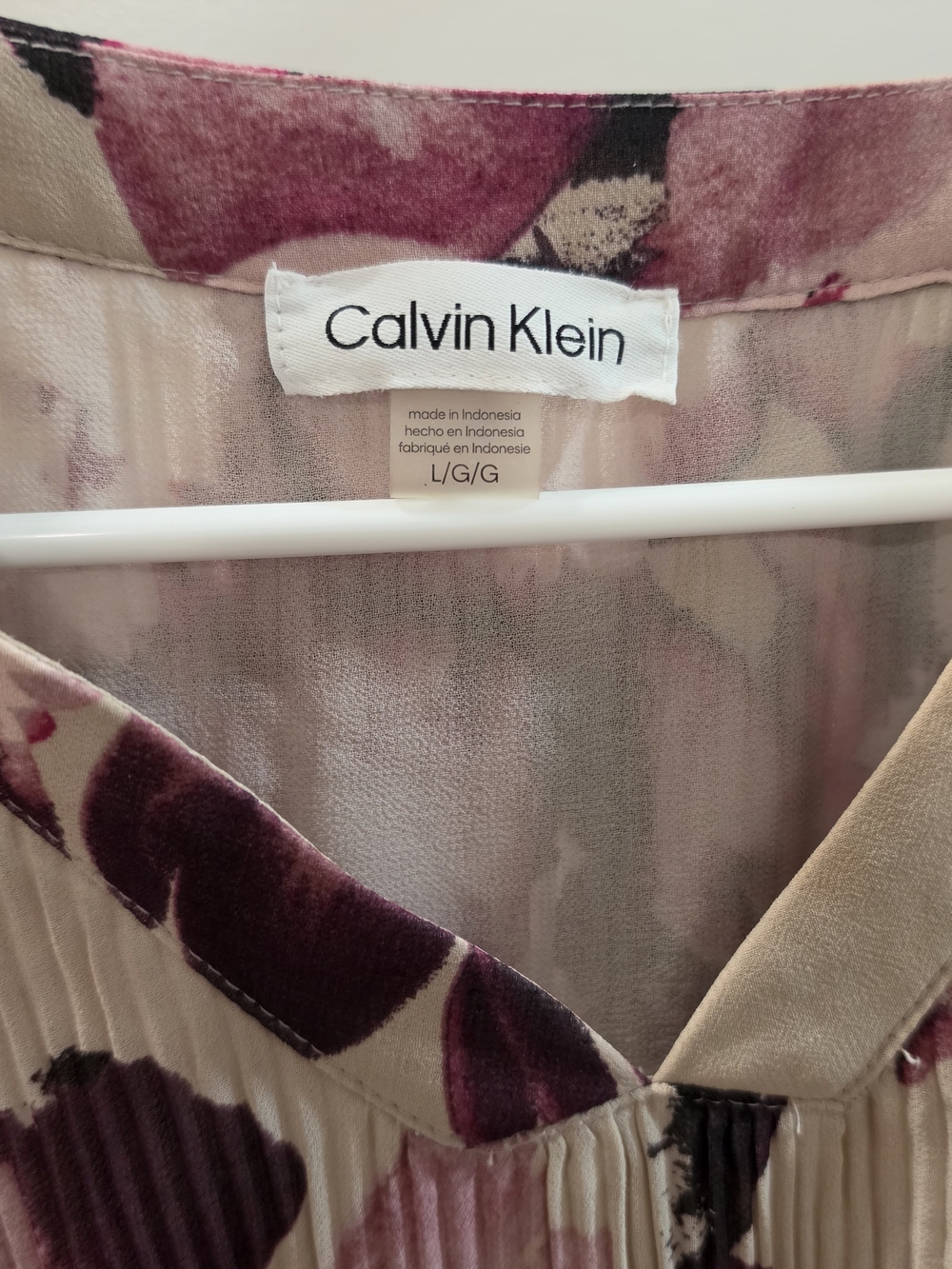 Calvin Klein Taupe Floral Pleated V-Neck Blouse with Plum Accents - Picture 9 of 11